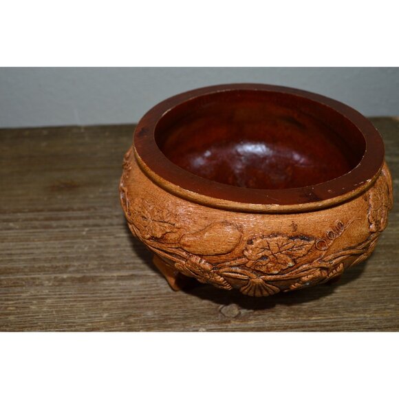 Vintage Faux Wood Carved Mold Resin Footed Floral Leaf Design Bowl Dish Display - Picture 9 of 11